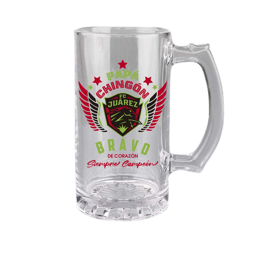 Juárez FC 16 oz Beer Glass Mug – Papá Chingón Design – Bravo de Corazón, Siempre Campeón – Soccer Gift