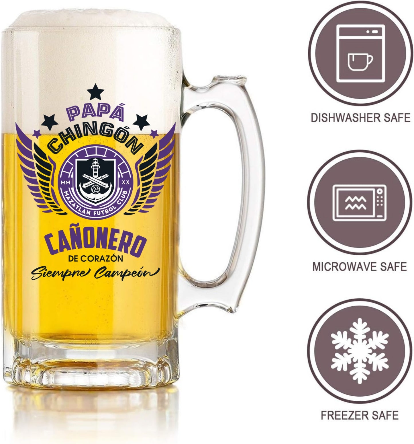 Mazatlán FC 16 oz Beer Glass Mug – Papá Chingón Design – Cañonero de Corazón, Siempre Campeón – Soccer Gift