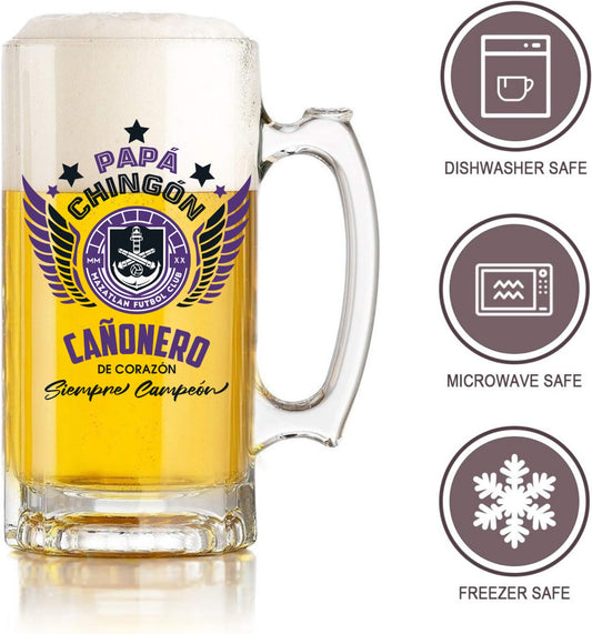 Mazatlán FC 16 oz Beer Glass Mug – Papá Chingón Design – Cañonero de Corazón, Siempre Campeón – Soccer Gift