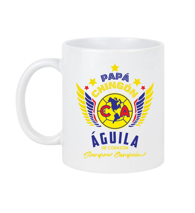 Club America Soccer Fan Coffee Mug – Papá Chingón Design – Águila de Corazón, Siempre Campeón – 11 oz White Ceramic Cup