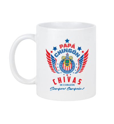 Chivas Soccer Fan Coffee Mug – Papá Chingón Design – Chivas de Corazón, Siempre Campeón – 11 oz White Ceramic Cup – Rebaño Sagrado Gift