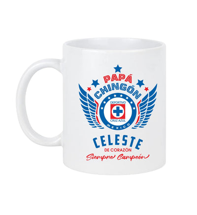 Cruz Azul Soccer Fan Coffee Mug – Cruz Azul Papá Chingón Design – Celeste de Corazón, Siempre Campeón – 11 oz White Ceramic Cup