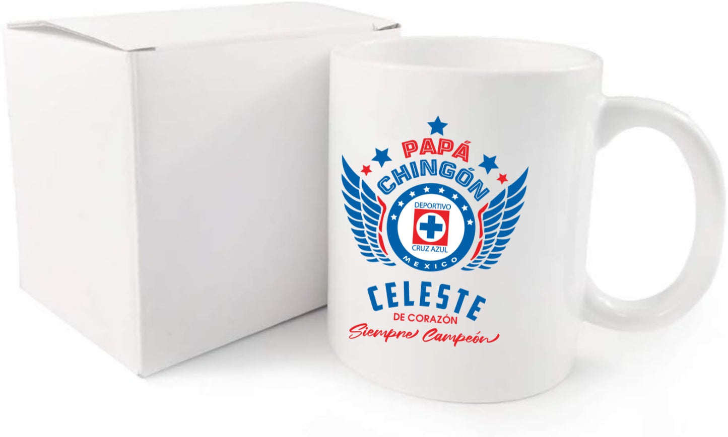 Cruz Azul Soccer Fan Coffee Mug – Cruz Azul Papá Chingón Design – Celeste de Corazón, Siempre Campeón – 11 oz White Ceramic Cup