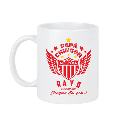 Necaxa Soccer Fan Coffee Mug – Papá Chingón Design – Rayo de Corazón, Siempre Campeón – 11 oz White Ceramic Cup