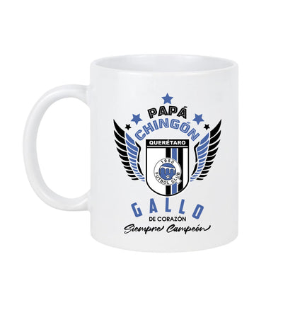 Querétaro Soccer Fan Coffee Mug – Papá Chingón Design – Gallo de Corazón, Siempre Campeón – 11 oz White Ceramic Cup