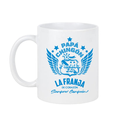 Puebla Soccer Fan Coffee Mug – Papá Chingón Design – La Franja de Corazón, Siempre Campeón – 11 oz White Ceramic Cup
