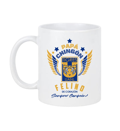 Tigres Soccer Fan Coffee Mug – Papá Chingón Design – Felino de Corazón, Siempre Campeón – 11 oz White Ceramic Cup