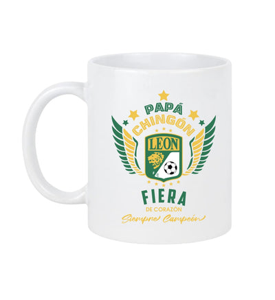 León Soccer Fan Coffee Mug – Papá Chingón Design – Fiera de Corazón, Siempre Campeón – 11 oz White Ceramic Cup