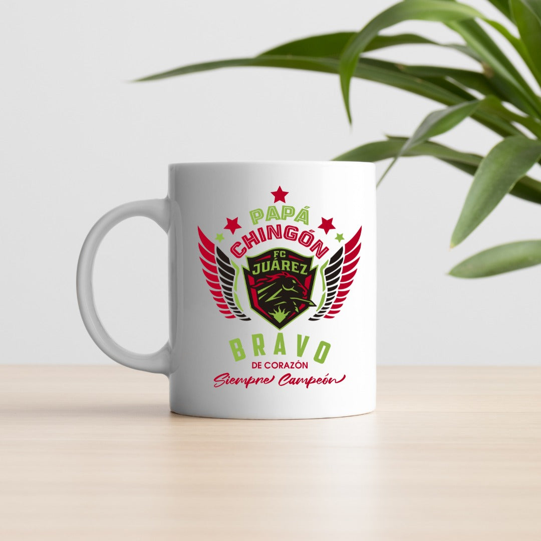 Juárez Soccer Fan Coffee Mug – Papá Chingón Design – Bravo de Corazón, Siempre Campeón – 11 oz White Ceramic Cup