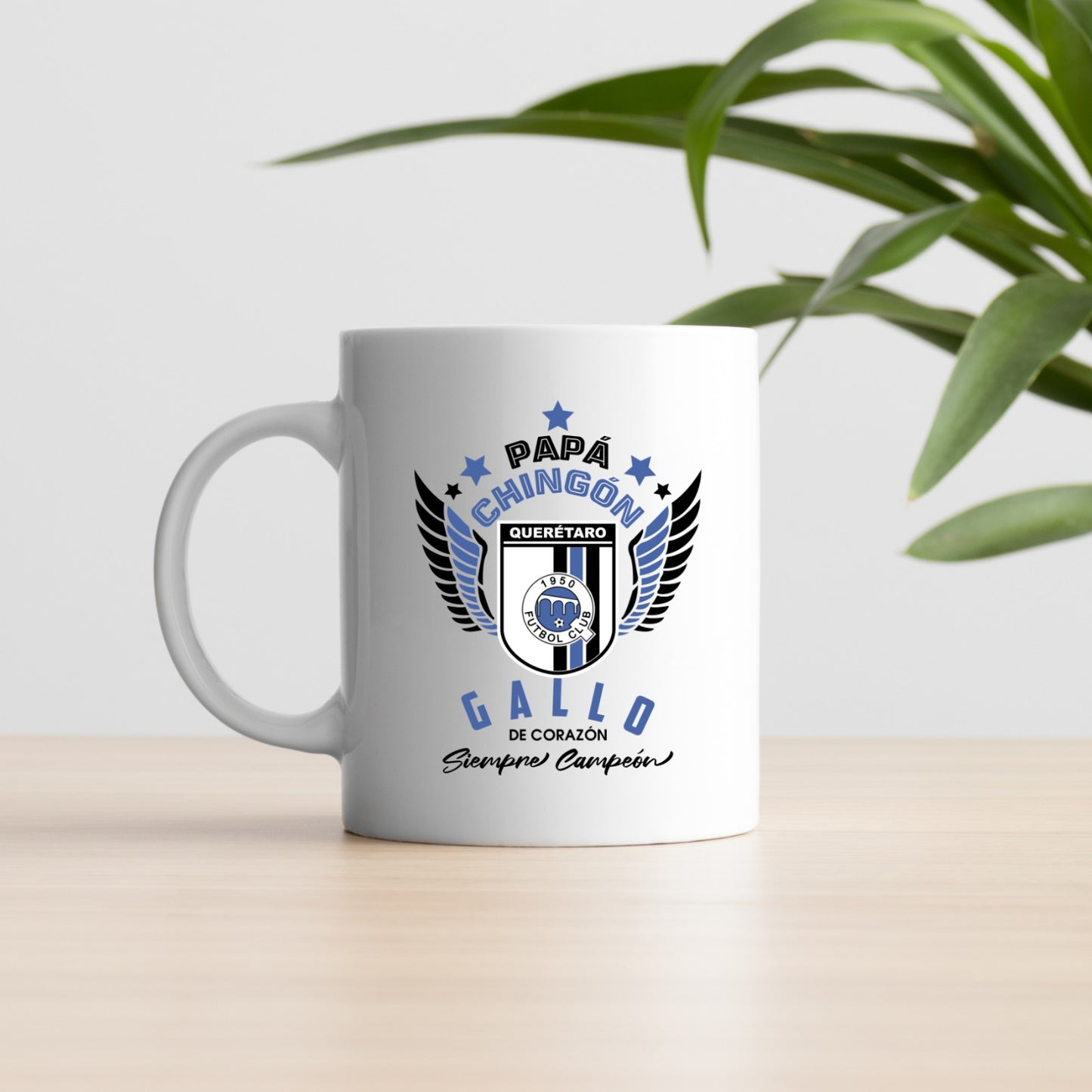 Querétaro Soccer Fan Coffee Mug – Papá Chingón Design – Gallo de Corazón, Siempre Campeón – 11 oz White Ceramic Cup