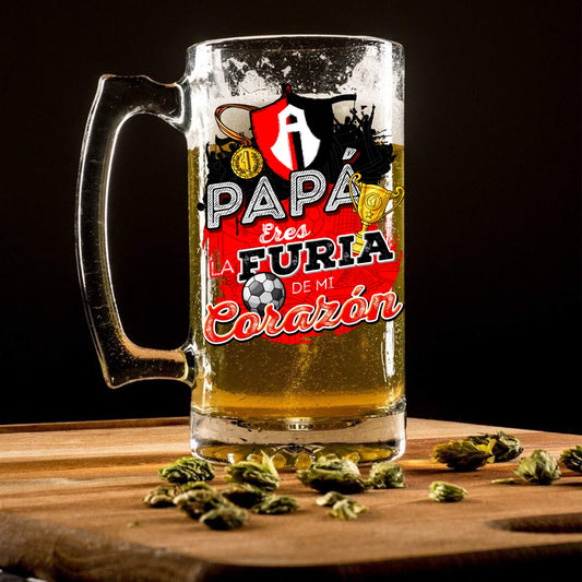 Atlas FC 16 oz Beer Glass Mug – “Papá, Eres Furia en Mi Corazón” – Soccer Gift for Dad – Father's Day or Birthday Present