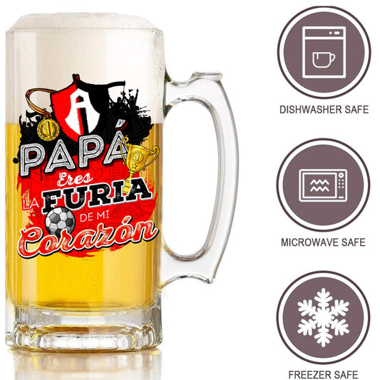 Atlas FC 16 oz Beer Glass Mug – “Papá, Eres Furia en Mi Corazón” – Soccer Gift for Dad – Father's Day or Birthday Present