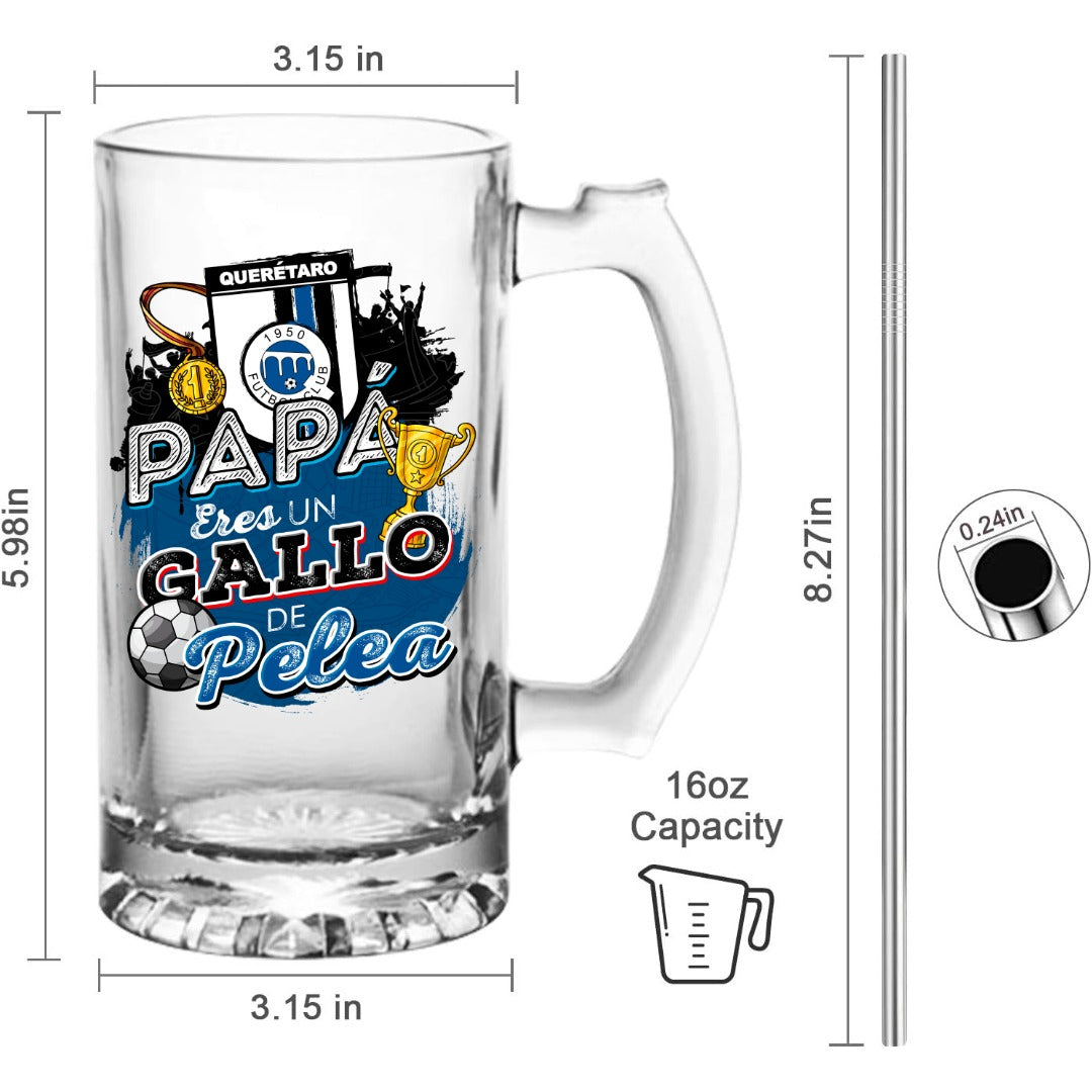 Querétaro 16 oz Beer Glass Mug – “Regalo para Papá” – Soccer Gift for Dad – Father’s Day or Birthday Present – Fútbol Fan Mug