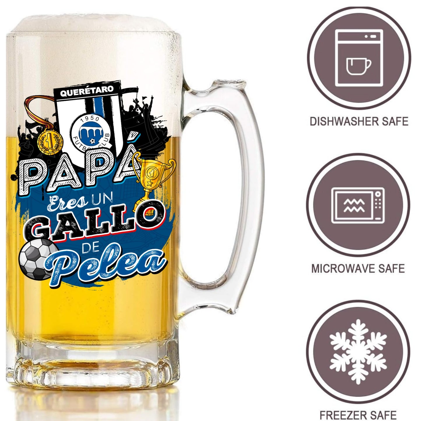 Querétaro 16 oz Beer Glass Mug – “Regalo para Papá” – Soccer Gift for Dad – Father’s Day or Birthday Present – Fútbol Fan Mug