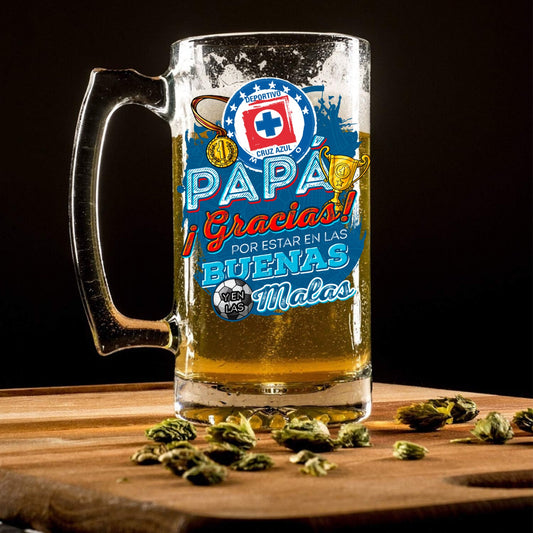 Cruz Azul 16 oz Beer Glass Mug – “Regalo para Papá” – Soccer Gift for Dad – Birthday or Father’s Day Present – Fútbol Fan Mug