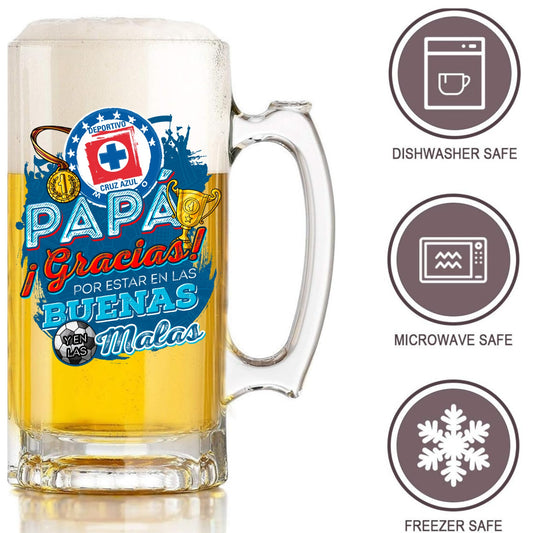 Cruz Azul 16 oz Beer Glass Mug – “Regalo para Papá” – Soccer Gift for Dad – Birthday or Father’s Day Present – Fútbol Fan Mug