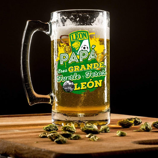 León 16 oz Beer Glass Mug – “Regalo para Papá” – Soccer Gift for Dad – Father’s Day or Birthday Present – Fútbol Fan Mug