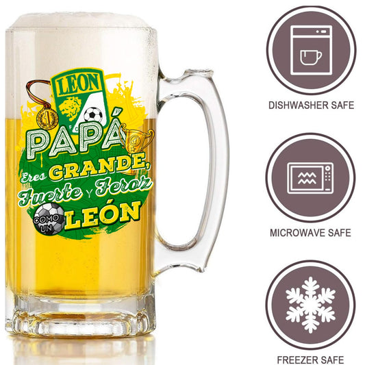 León 16 oz Beer Glass Mug – “Regalo para Papá” – Soccer Gift for Dad – Father’s Day or Birthday Present – Fútbol Fan Mug