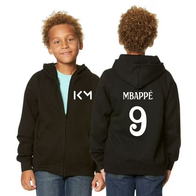 Kid/Youth Mbappe #9 Essential Zip-Up Hoodie – 80/20 Fleece with Kangaroo Pocket-With Front and Back Design