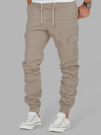 Men's Solid Color Cargo Pocket Drawstring Casual Trousers