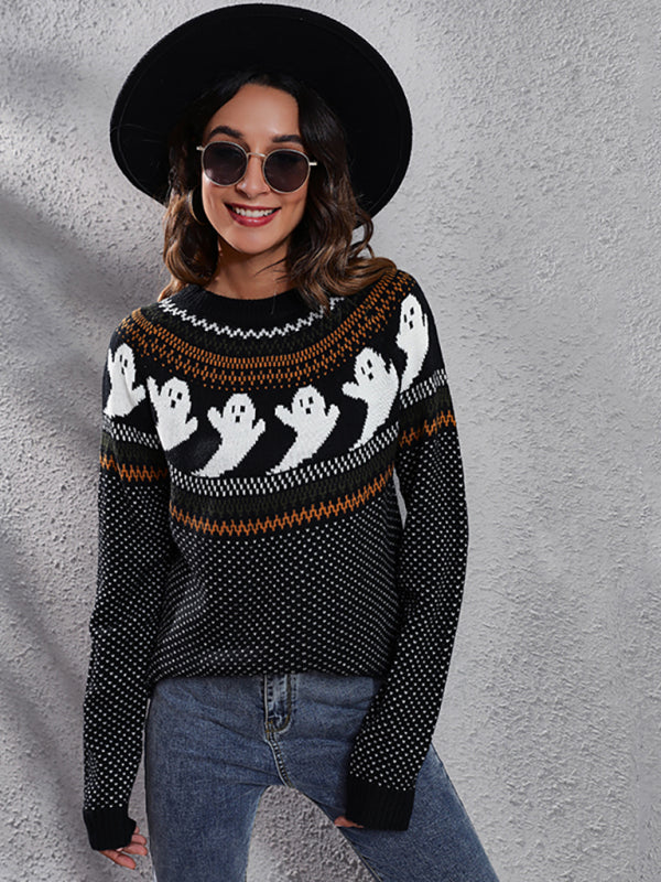 Women's Halloween Ghost retro wave point long sleeve knitted sweater