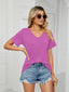 Short Sleeve V Neck Gathered Solid Color Loose T-Shirt Top Ladies