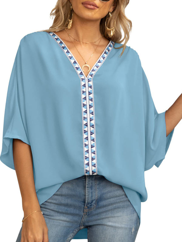 Women's Dolman Sleeve Chiffon V-Neck Short Sleeve Shirt Shirt