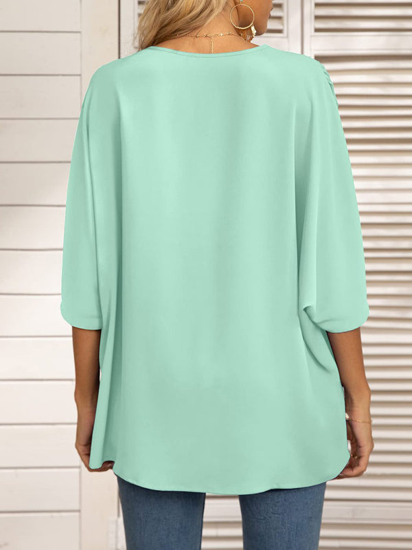 Women's Dolman Sleeve Chiffon V-Neck Short Sleeve Shirt Shirt