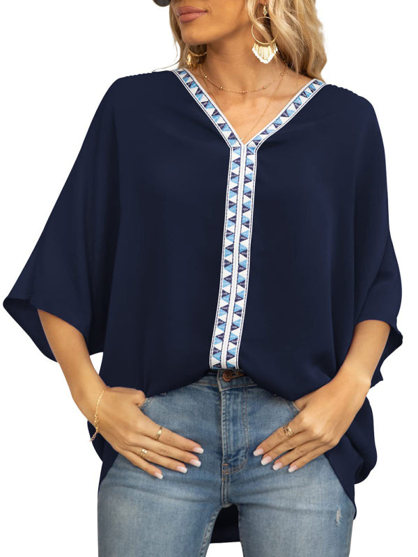 Women's Dolman Sleeve Chiffon V-Neck Short Sleeve Shirt Shirt