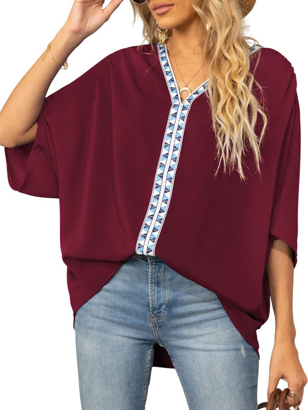 Women's Dolman Sleeve Chiffon V-Neck Short Sleeve Shirt Shirt