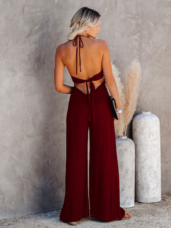 Midsummer street trendy ladies solid color U-neck suspenders backless jumpsuit wide-leg casual pants