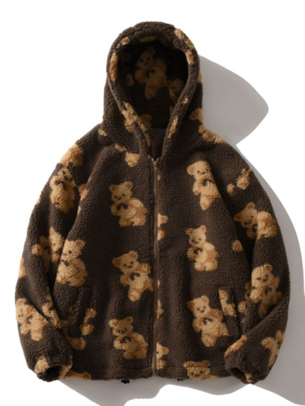 Ladies Hooded Thick Casual Cartoon Pattern Bear Zipper Pocket Plush Sweater