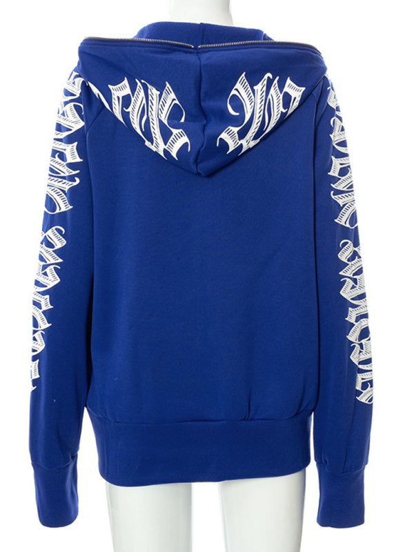 Zippered letter print hooded long-sleeved casual sweatshirt