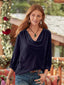 Women's gold velvet three-quarter sleeve elegant plunging collar top