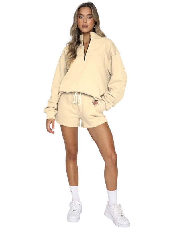 Women's New Solid Color Stand Collar Zipper Pullover Long Sleeve Sweatshirt Shorts Set