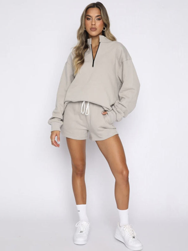 Women's New Solid Color Stand Collar Zipper Pullover Long Sleeve Sweatshirt Shorts Set