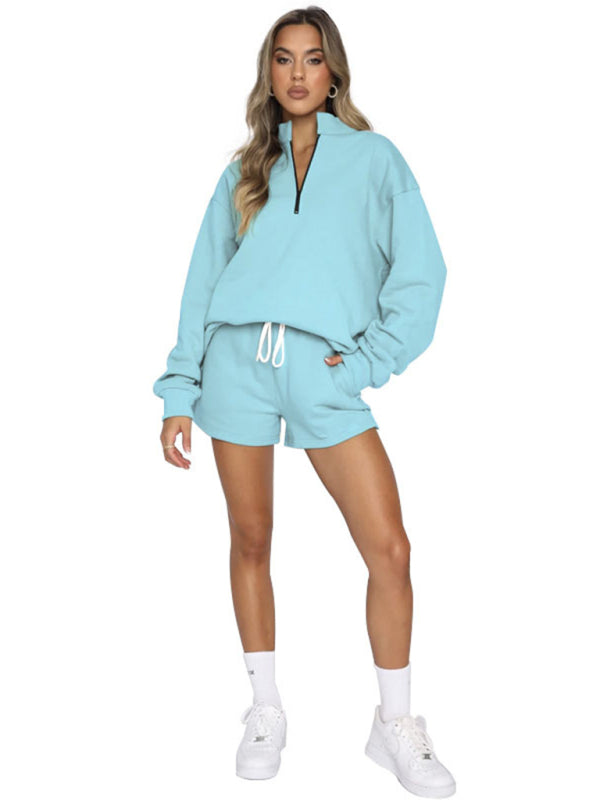 Women's New Solid Color Stand Collar Zipper Pullover Long Sleeve Sweatshirt Shorts Set