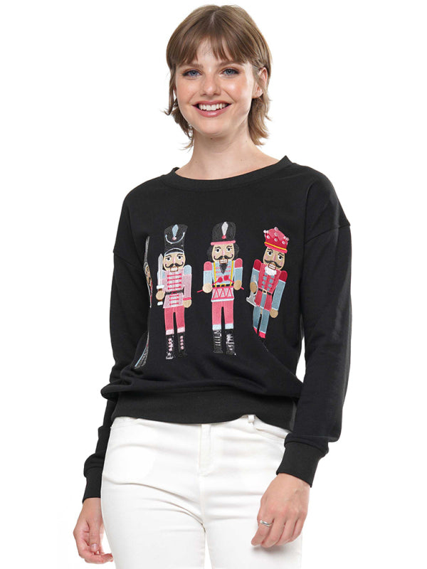 Women's Christmas element top round neck pullover embroidered sequined sweatshirt