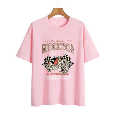 Street Retro Motorcycle Letter Print Collarless Loose Women's T-Shirt