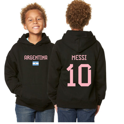 Kids wearing black hoodies with the Argentina flag and the text 'MESSI 10' displayed on the back.